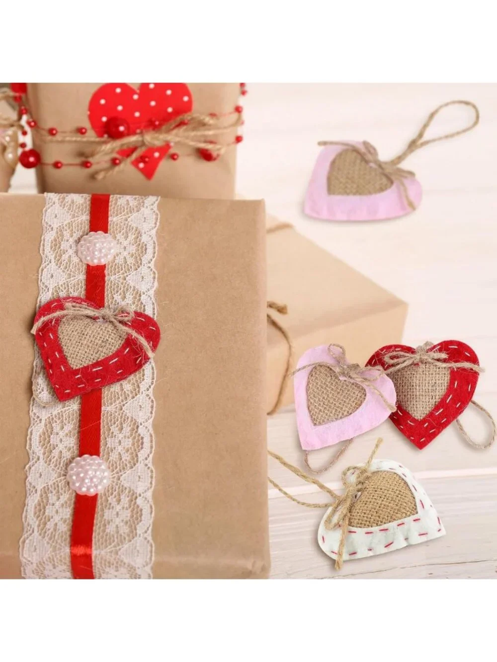 24 Pcs Neutral Valentine's Day Felt Heart Ornaments - Rustic Home Decor & Party